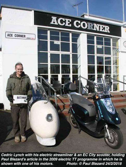 Cedric Lynch & his 1991 streamliner & a 2018 EC City electric scooter at the Ace Cafe